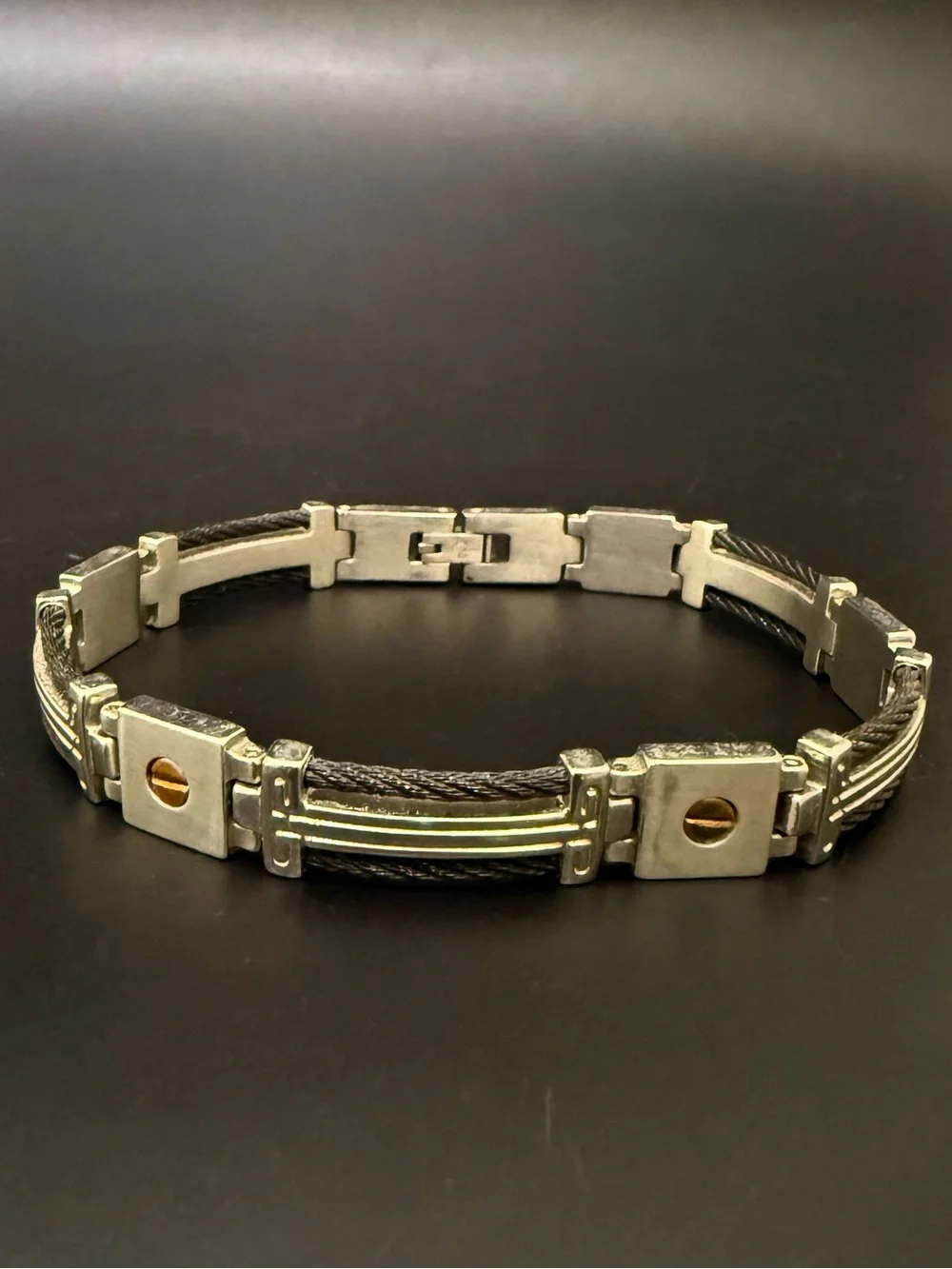 Signed 14K Stainless Steel Black Wire Cable Link Gold Screws 9” Men’s Bracelet